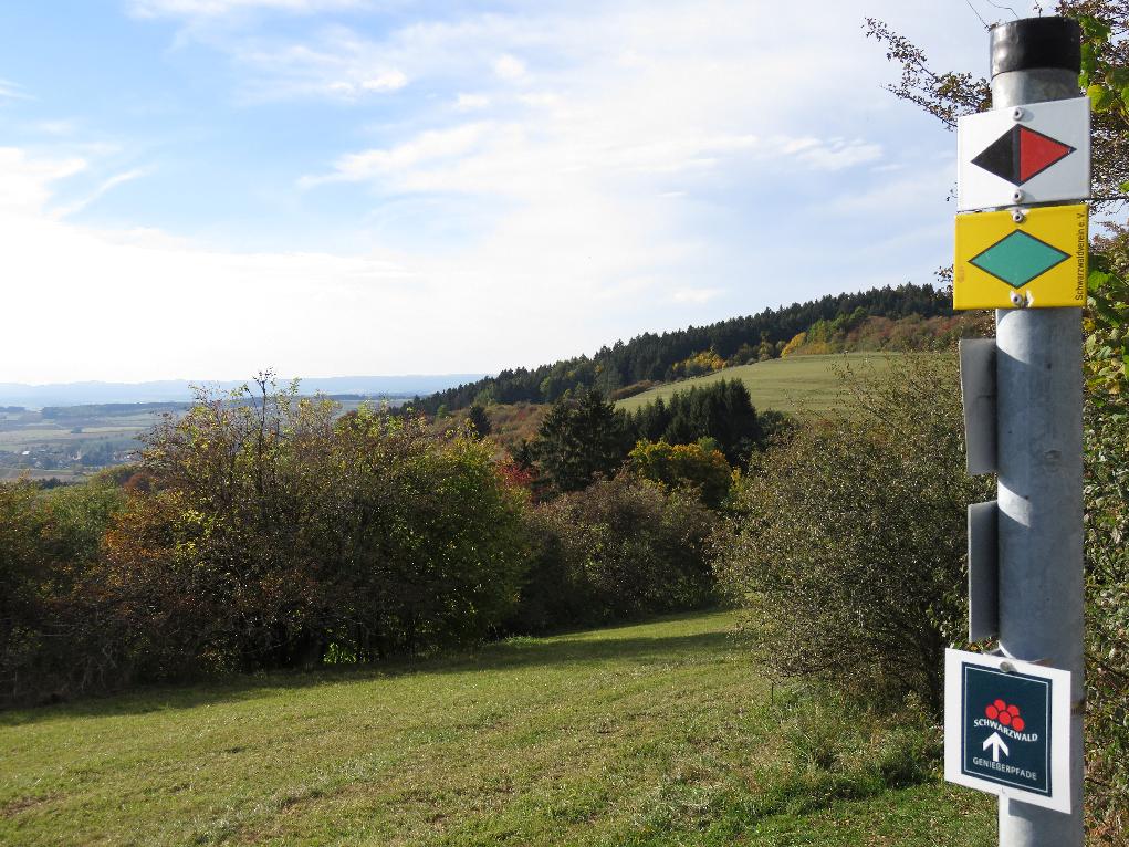 Hunweisschilder mit bergiger Landschaft
