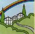 Logo des Feriendorfs, stilisierte Häuser in grüner Landschaft, blauem Hiommel und Regenbogen